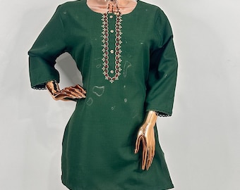 Tunics For Women - Bottle Green Floral Embroidered Kurti Top - Short Kurta - Indian Tunics - Indian Top Tees Women - Ethnic Short Kurti XS