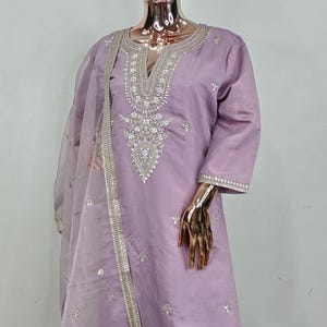 Silk Kurta Sets Women - Lavender Embroidered Kurta Trousers & Dupatta - Dresses For Women - Party Wear - Indian Ethnic Wear - Salwar Kameez