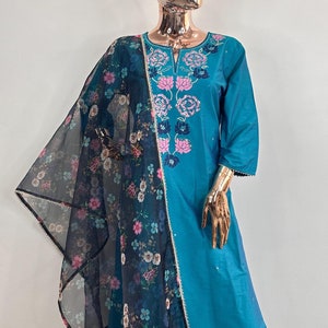 Indian Dress For Women - Blue Embroidered Kurta With Trousers & Dupatta - Salwar Kameez Set - Indian Party Wear Dress - Ethnic Set