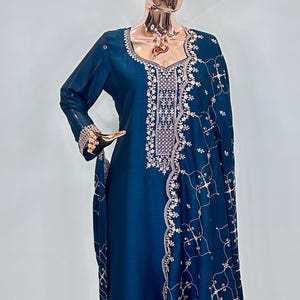 Indian Party Wear Dress For Women - Teal Blue Zari Embroidered Silk Kurta With Trousers & Dupatta - Salwar Kameez - Ethnic Set Indian Dress