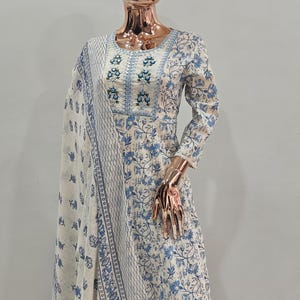 Printed Pure Cotton Anarkali Kurta Set - Indian Long Dress + Ethnic Motifs Long Maxi Dress/Indian Kurta with Palazzos & Dupatta/Salwar Kamez