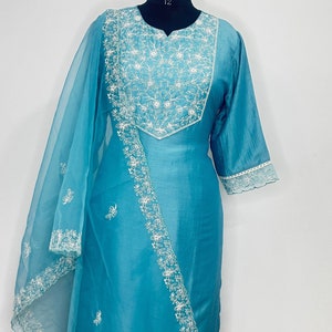 Silk Kurta Sets Women - Sky Blue Zari Embroidered Kurta With Trousers & Dupatta - Dresses For Women - Party Wear - 3 Piece Set Salwar Kameez