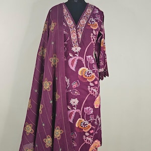 Pure Cotton Kurta Sets Women - Burgundy Embroidered Kurta With Trousers & Dupatta - Dresses For Women - Party Wear - 3 Piece Set Salwar Kame