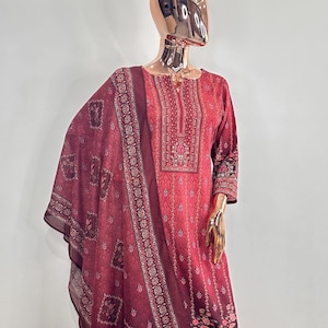 Pakistani Kurta - Women Maroon Tiered Silk Blend Kurti with Trousers & With Dupatta - Indian Dress - Ethnic Wear - Salwar Kameez Set.