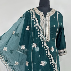 Silk Kurta Sets Women - Off White Embroidered Kurta Trousers & Dupatta - Dresses For Women - Party Wear - 3 Piece Set Salwar Kameez Indian