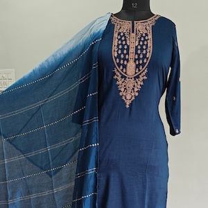 Silk Kurta Sets Women - Navy Blue Embroidered Kurta Trousers & Dupatta - Dresses For Women - Party Wear - 3 Piece Set Salwar Kameez Indian