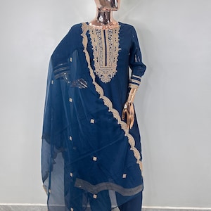 Wedding Season Dress - Zari Work Silk Blend Women Blue Ethnic Motifs Yoke Design Kurta with Trousers & DupattaXL,XXL Salwar Kameez Set