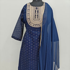 Navy Blue A-line Kurta Set - Indian Long Dress/Ethnic Motifs Embroidered Sequined Kurta with Palazzos & Dupatta.XL,XXL - Pakistani Suit Set