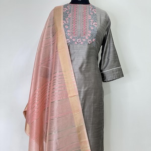 Silk Kurta Sets Women - Gray Embroidered Kurta With Trousers & Dupatta - Dresses For Women - Party Wear - 3 Piece Set Salwar Kameez