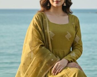 Anarkali Kurta Set Women - Mustard & Golden Silk A-line Kurta With Trouser and Dupatta - Indian Party/ Haldi Wear Dress - Pakistani Suit Set