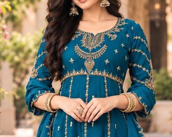 Blue Zari Embroidery Anarkali Kurta Set - Indian Long Dress + Ethnic Motifs Embroidered Sequined Kurta with Palazzos & Dupatta.XL,XXL