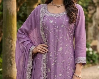 Levender Embroidry Kurta Set/Indian Wedding Dress - Kurta with Trouser & Dupatta - Kurta For All Function/ Pakistani Lawn/ Salwar kameez Set