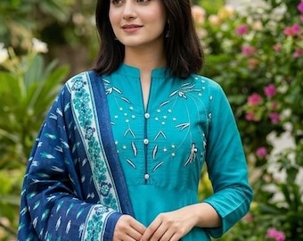 Silk Kurta Sets Women - Turquoise Blue Kurta With Trousers & Dupatta - Indian Ethnic Wear - Party Wear - Kurti Dress Salwar Kameez