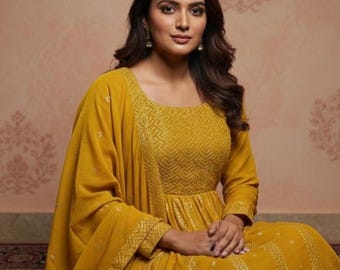 Sequence Kurta Sharara Sets Women Mustured Yellow Kurta Trousers & Dupatta Dresses For Women Party Wear 3 Piece Set Indian Salwar Kameez