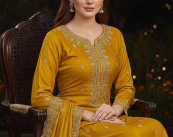 Yellow Zari Work Kurta Set - Party Wear Pakistani Suit - Salwar Kameez Set/ Indian Wedding Dress/ Bollywood Designer Kurta/XXL Plus Size Kur