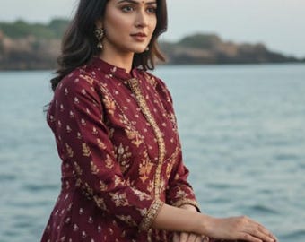 Gown For Women Maroon & Golden Design Anarkali Kurta With Dupatta - Indian Dress - Party Wear - Salwar Kameez - Pakistani Suit/Indian Dress