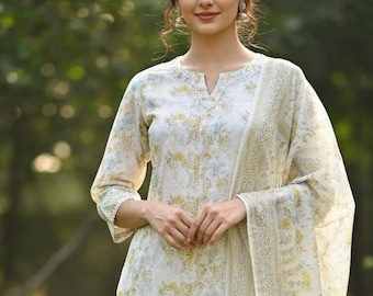 Silk Kurta Sets Women - Cream Embroidered Kurta With Trouser & Dupatta - Women Dress - Party Wear - 3 Piece Set Salwar Kameez/Plus Size Kurt
