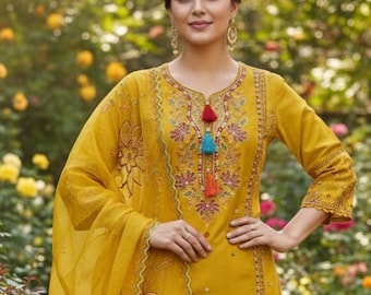 Yellow Silk Kurta Set Kurta with Trousers & Dupatta Salwar Kameez Set Pakistani lawn Suit XXL Plus Size Kurta Indian Dress Kurtis for Women