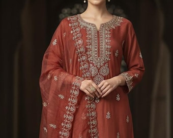 Silk Kurta Set Kurta with Trousers & Dupatta Salwar Kameez Set Pakistani Suit XXL Plus Size Kurta Indian Dress Kurtis for Women 3Piece Set