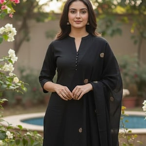 3XL, 4XL, 5XL dames katoen grote maten Kurta - Salwar Kameez Dupatta-set - zomerkurta-set voor dames - Indiase feestkleding / zwart Kurta Palazzo