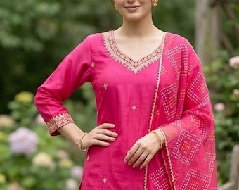 Silk Kurta Sets Women - Pink Embroidered Kurta With Trousers & Dupatta - Dresses For Women - Indian Party Wear - 3 Piece Set - Salwar Kameez