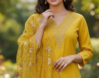 Embroidery Kurta Haldi Ceremony Dress/ Indian Party Wear Kurta/ Ethnic Wear/ Pakistani Suit/ Salwar Kameez Set/ Kurtis For Women/ Silk Kurta