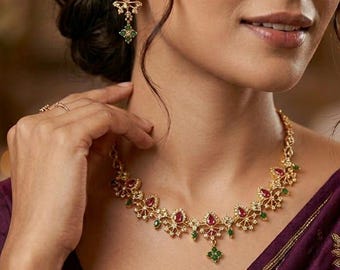 Collar de oro con rubí y esmeralda, collar indio, conjunto de collar de oro de un gramo, joyería india, joyería de templo, regalo para ella, collar de boda