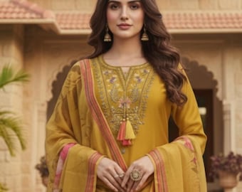 Conjunto de salwar kameez amarillo con dupatta, traje pakistaní, traje salwar confeccionado especial para Eid, conjunto de kurta bordado de diseñador, vestido de boda indio