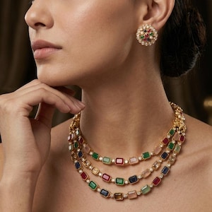 Ruby and Emerald Multi Necklace, Indian Necklace, One Gram Gold Necklace Set, Indian Jewelry, Temple Jewelry, Gift For Her, Wedding Necklace