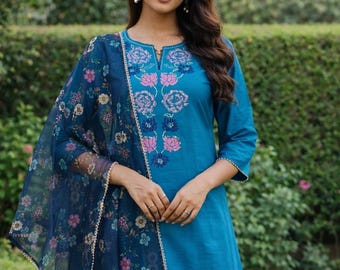Indian Dress For Women - Blue Embroidered Kurta With Trousers & Dupatta - Salwar Kameez Set - Indian Party Wear Dress - Ethnic Set