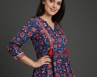 Blue Floral Print Cotton Tunic - Short Indian Kurti, Boho Top