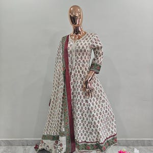 Printed Pure Cotton Anarkali Kurta Set - Indian Long Dress + Ethnic Motifs Long Maxi Dress/Indian Kurta with Palazzos & Dupatta/Salwar Kamez