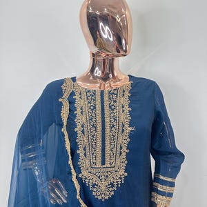 Indian Party Wear Dress For Women - Teal Blue Zari Embroidered Silk Kurta With Trousers & Dupatta - Salwar Kameez - Ethnic Set Indian Dress
