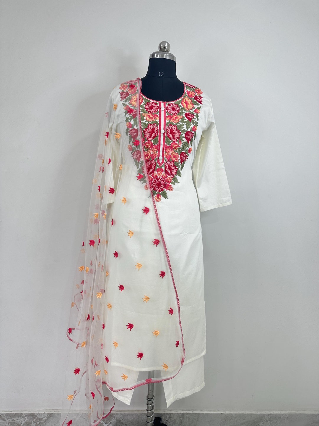 Women White Pure Cotton Solid Straight Kurta Palazzos With Dupatta Set main image 1