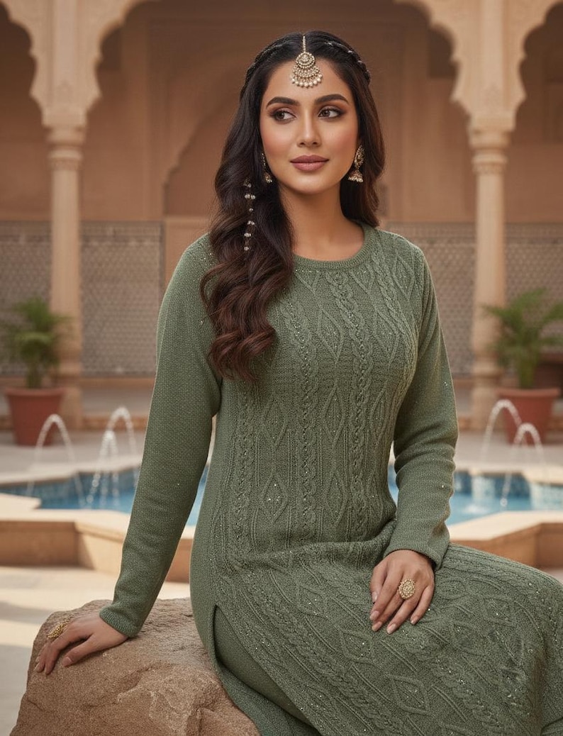 Green Anarkali Woollen Kurta Indian Winter Wear Woollen Kurta Palazo Kashmiri Wool Salwar Kameez Women Winter Wear Dresses For Women Kurtis image 3