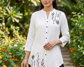 Cotton Embroidery Tunic Kurta - Short Kurti - T-shirt For Women - Tunic Dress - Short Kurti - 3XL Plus SizeKurta - Indian Kurti - Dresses