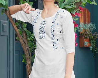 White Floral Cotton Embroidery Tunic Kurta - T-shirt For Women - Tunic Dress - Kurtis For Women- XXL Plus Size Tunic - Women Ethenic Kurta