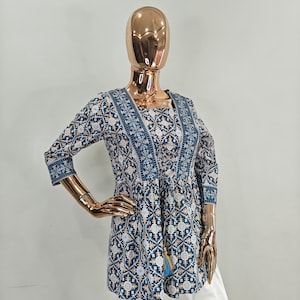 Pure Cotton Tunic Tops For Women - Blue & Cream Printed Top - Short Kurta - Kurtis For Women - Summer Tops Tees Blouse Plus Size Boho Tops