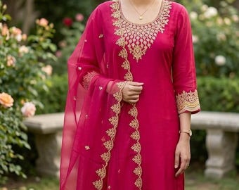 Silk Kurta Sets Women - Magenta Red Embroidered Kurta With Trousers & Dupatta - Dresses For Women - Party Wear - 3 Piece Set Salwar Kameez