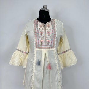 Cream Embroidery Tunic Kurta - Short Kurti - T-shirt For Women - Tunic Dress - Short Kurti - 3XL Plus SizeKurta - Indian Kurti - Tops & Tees