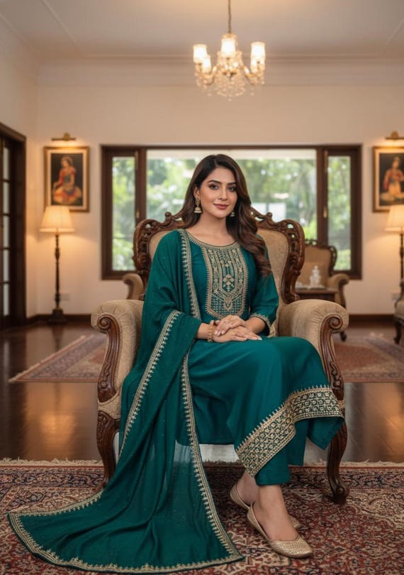 ladies dress salwar kameez Teal Green Embroidered Kurta Set Indian Party Wear Pakistani Suit Bollywood Designer Traditional Wedding Women Dress moviebook