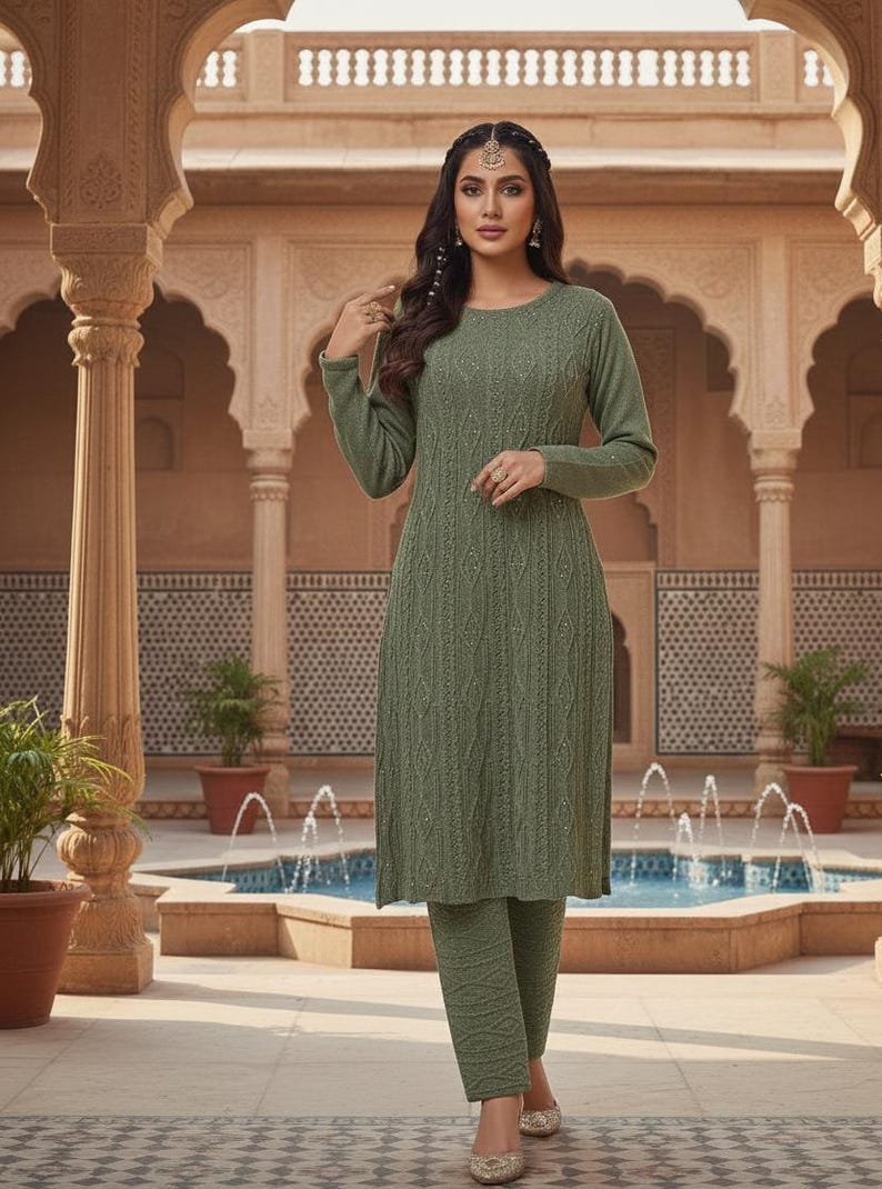 Green Anarkali Woollen Kurta Indian Winter Wear Woollen Kurta Palazo Kashmiri Wool Salwar Kameez Women Winter Wear Dresses For Women Kurtis image 2