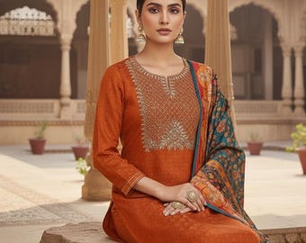Party Wear Kurta Sets For Women - Maroon Embroidered Yoke Design Silk Kurta With Trousers With Dupatta - Indian Dress - Kurta With Palazzos