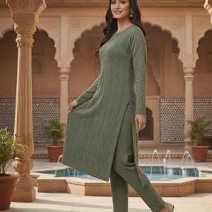 Green Anarkali Woollen Kurta Indian Winter Wear Woollen Kurta Palazo Kashmiri Wool Salwar Kameez Women Winter Wear Dresses For Women Kurtis image 1