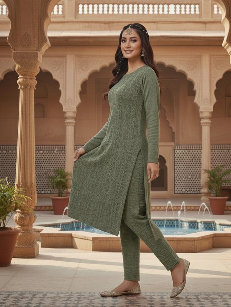 Green Anarkali Woollen Kurta Indian Winter Wear Woollen Kurta Palazo Kashmiri Wool Salwar Kameez Women Winter Wear Dresses For Women Kurtis image 1