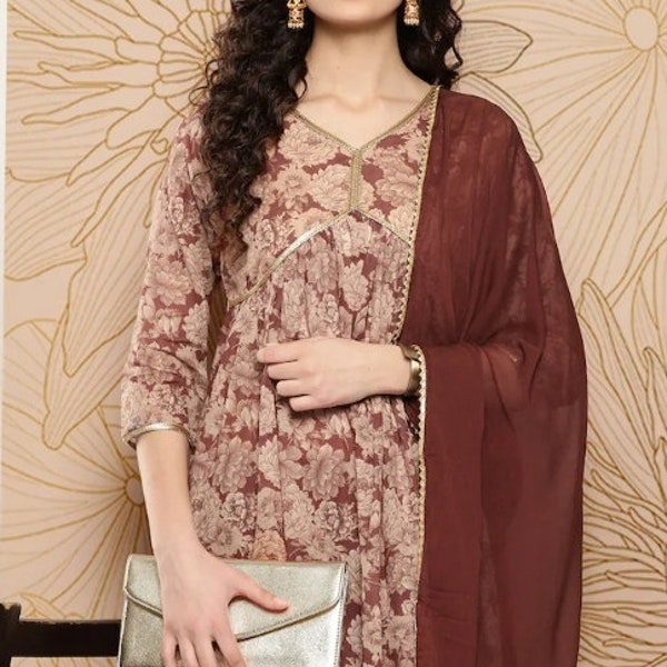 A-line Kurta For Women Yoke Design Regular Sequinned Kurta with Dupatta Indian Salwar Kameez Set XXL Plus Size Kurta Pakistani Suit Set