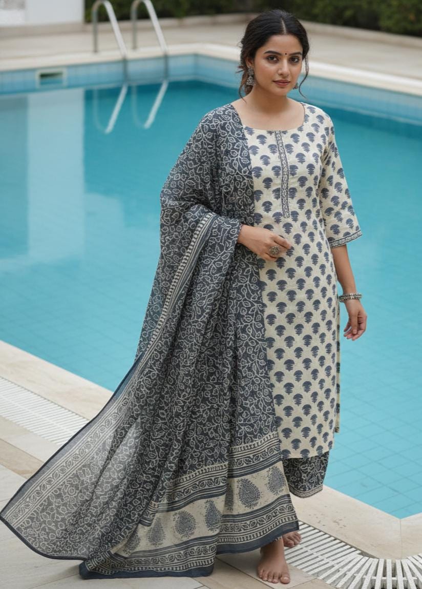 Pure Cotton Printed Salwar Kameez Suit – 3-Piece Ethnic Outfit With Viscose Dupatta, Ready To Wear (Stitched)
