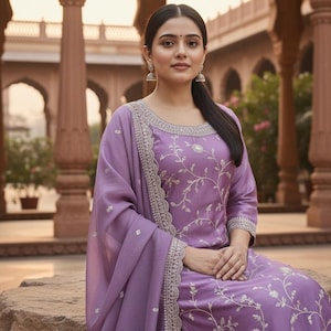 Conjunto de kurta con bordado Levender/Vestido de novia indio - Kurta con pantalón y dupatta - Kurta para todas las funciones/Césped pakistaní/Conjunto de salwar kameez