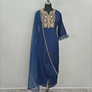 Blue Embroidery Silk Kurta Set Kurta with Trousers & Dupatta Salwar Kameez Set Pakistani Suit XXL Plus Size Kurta Indian Dress /Women Kurtis