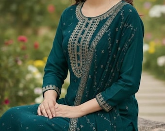 Silk Kurta Set Kurta with Trousers & Dupatta Salwar Kameez Set Pakistani Suit XXL Plus Size Kurta Indian Dress Kurtis for Women 3Piece Set
